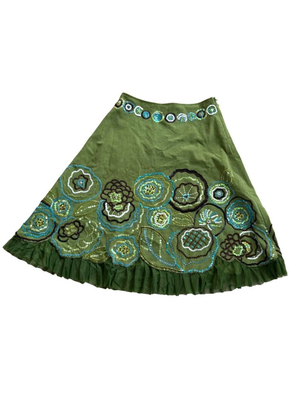 Basil & Maude Women's Corduroy Skirt Sz 6 Green Embroidered Sequin Wearable Art